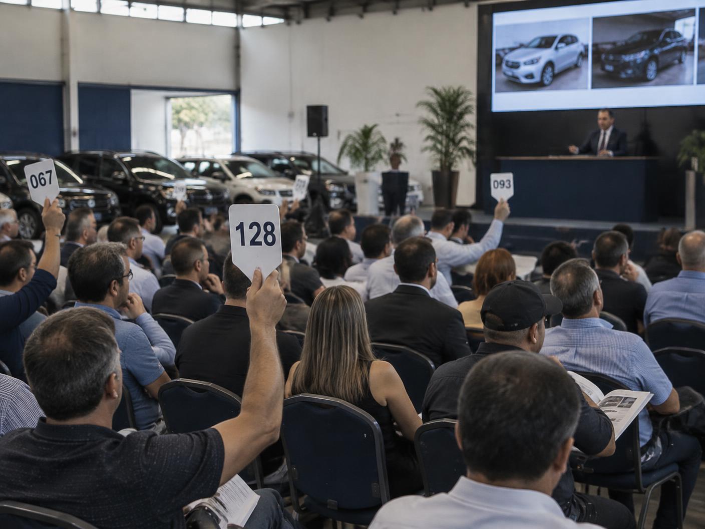 Público participando de um leilão presencial de veículos